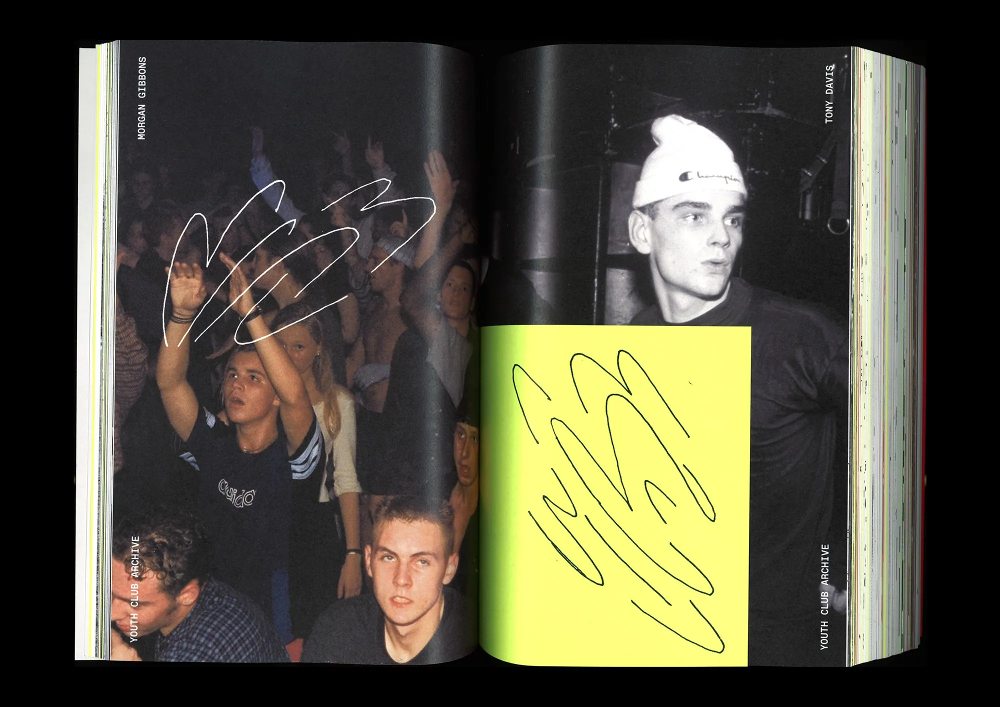 Open spread with fans and a yellow overlay