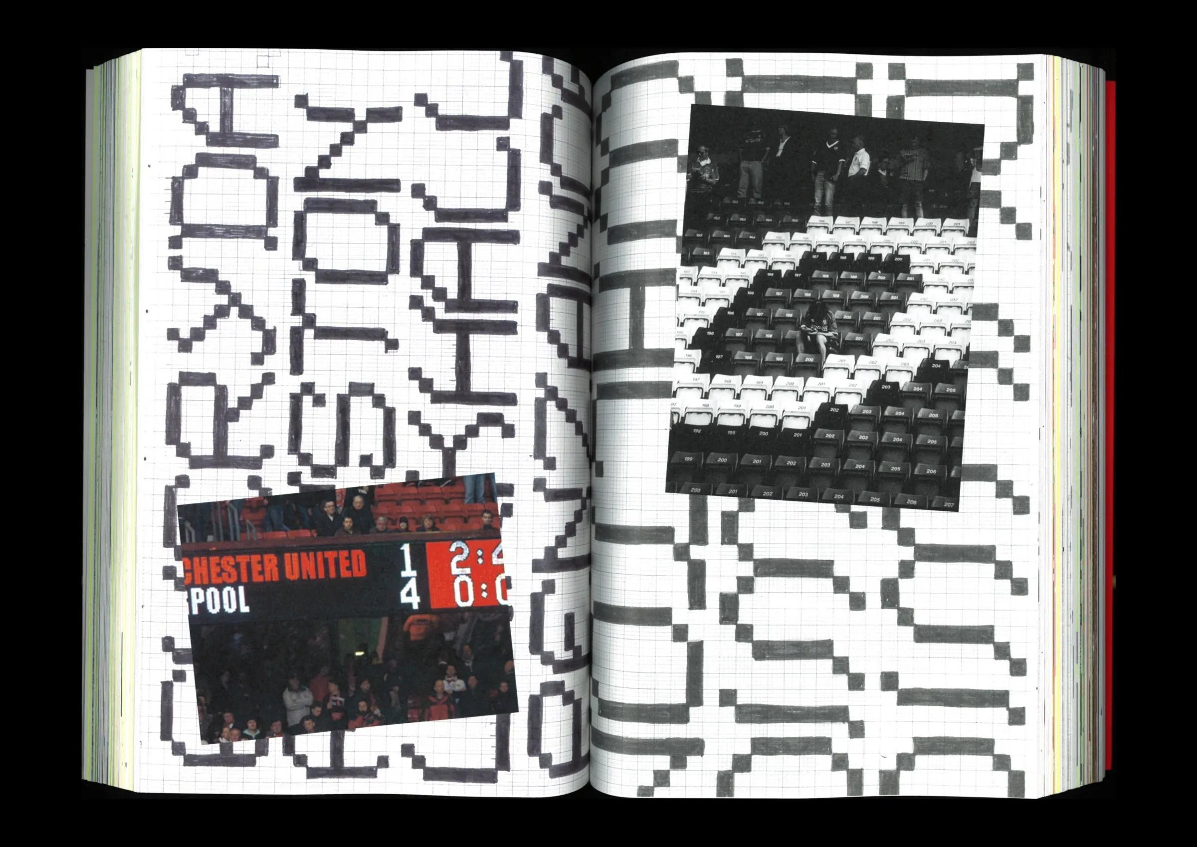 Open spread with pixel type and a football scoreboard photo