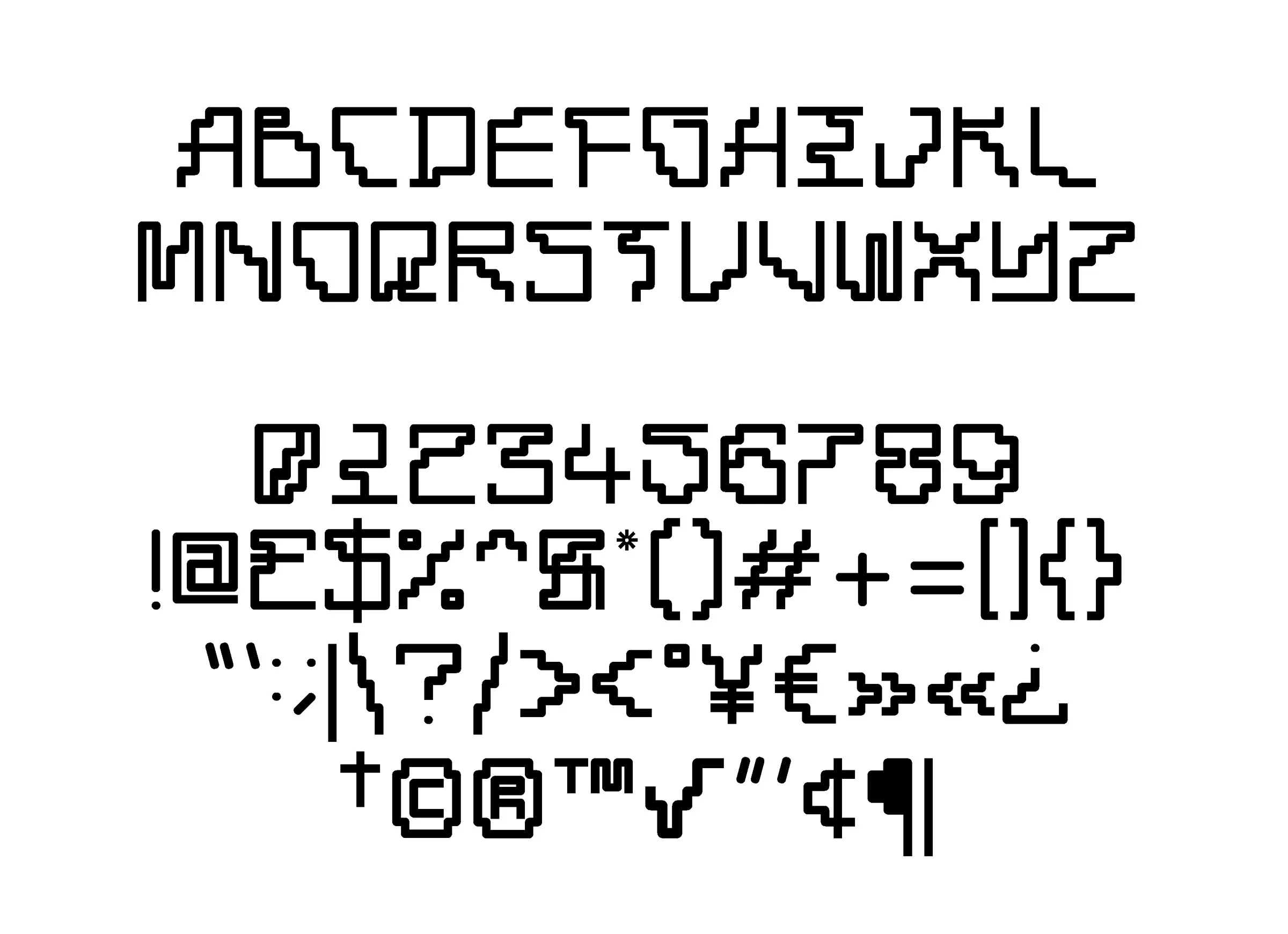 Pixel typeface alphabet and symbols