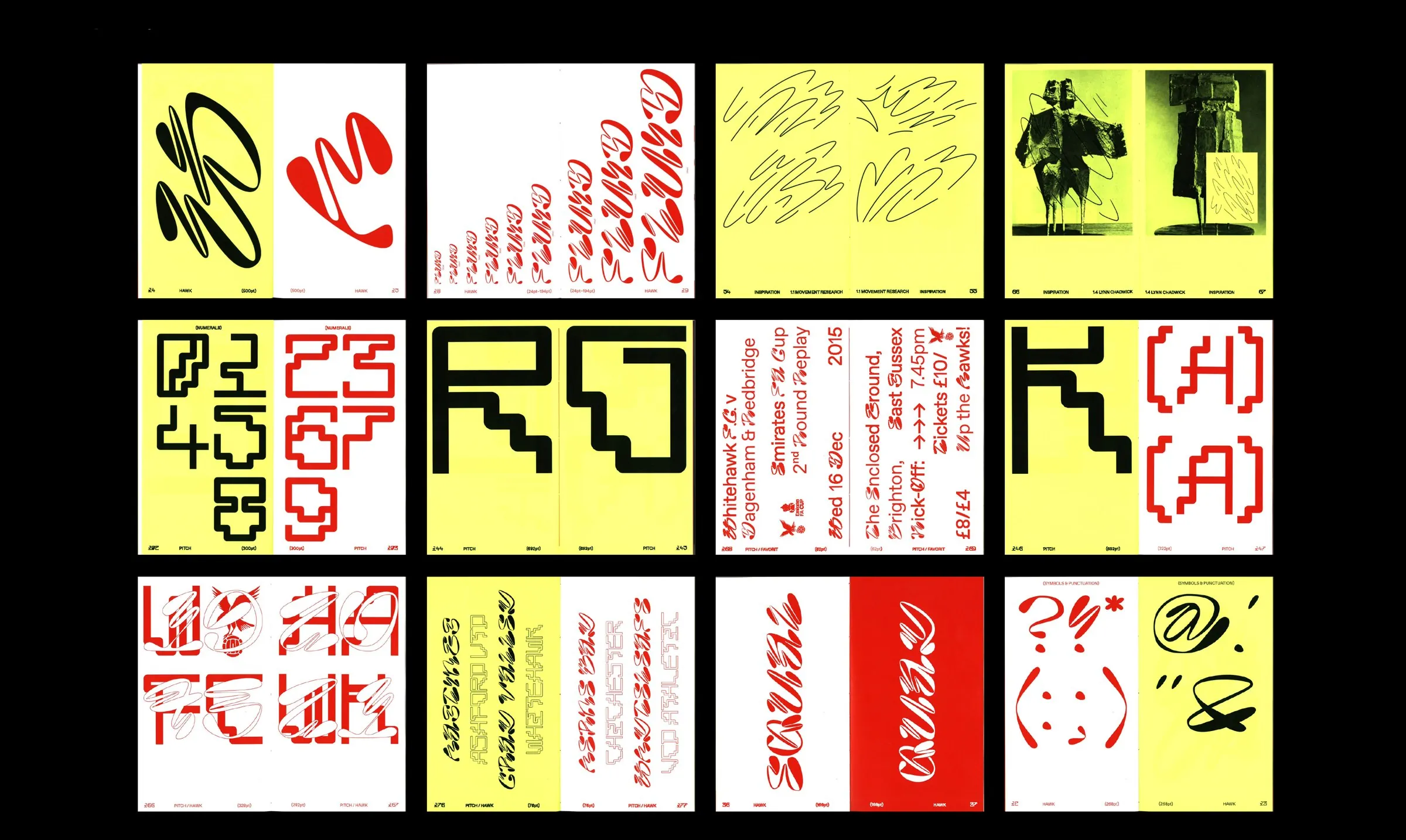 Grid of publication pages in yellow, red and white